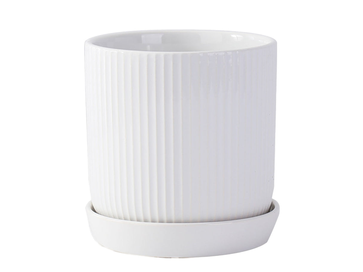 Fluted Cylinder Planter With Attached Saucer