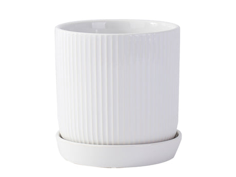 Fluted Cylinder Planter With Attached Saucer