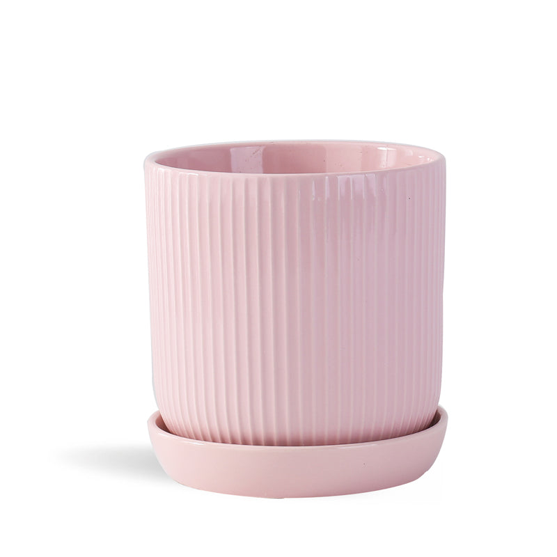 Fluted Cylinder Planter With Attached Saucer