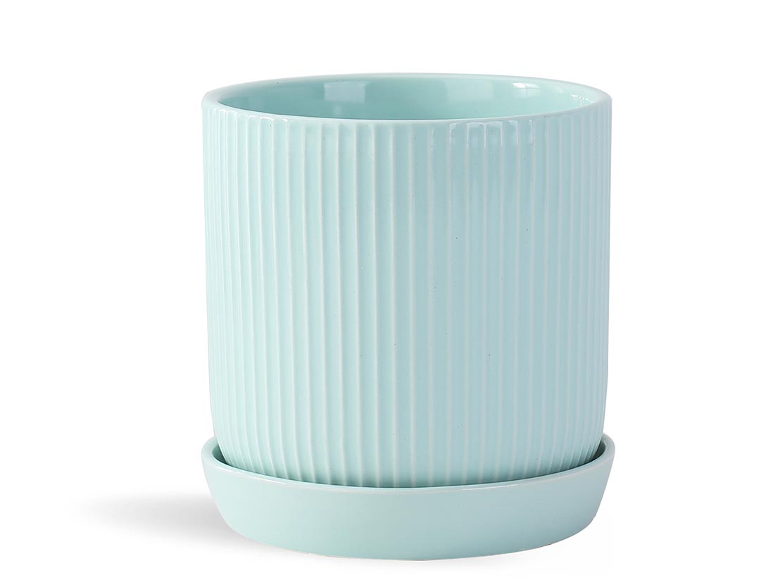Fluted Cylinder Planter With Attached Saucer